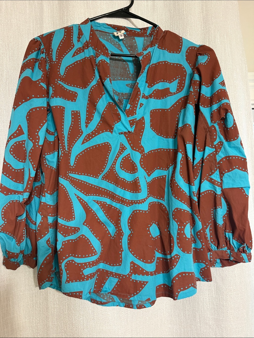 Ivy Jane small boutique V-Neck Blouse in Turquoise and Brown